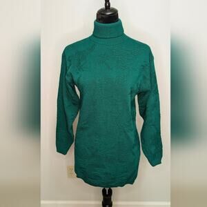 VTG Mathias bright forest green turtleneck floral knit tunic top sweater sz Sm